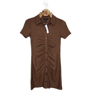 Sanctuary Dress Brown Collar Button Up Shirt Ruched Mini Short Sleeve Medium NEW
